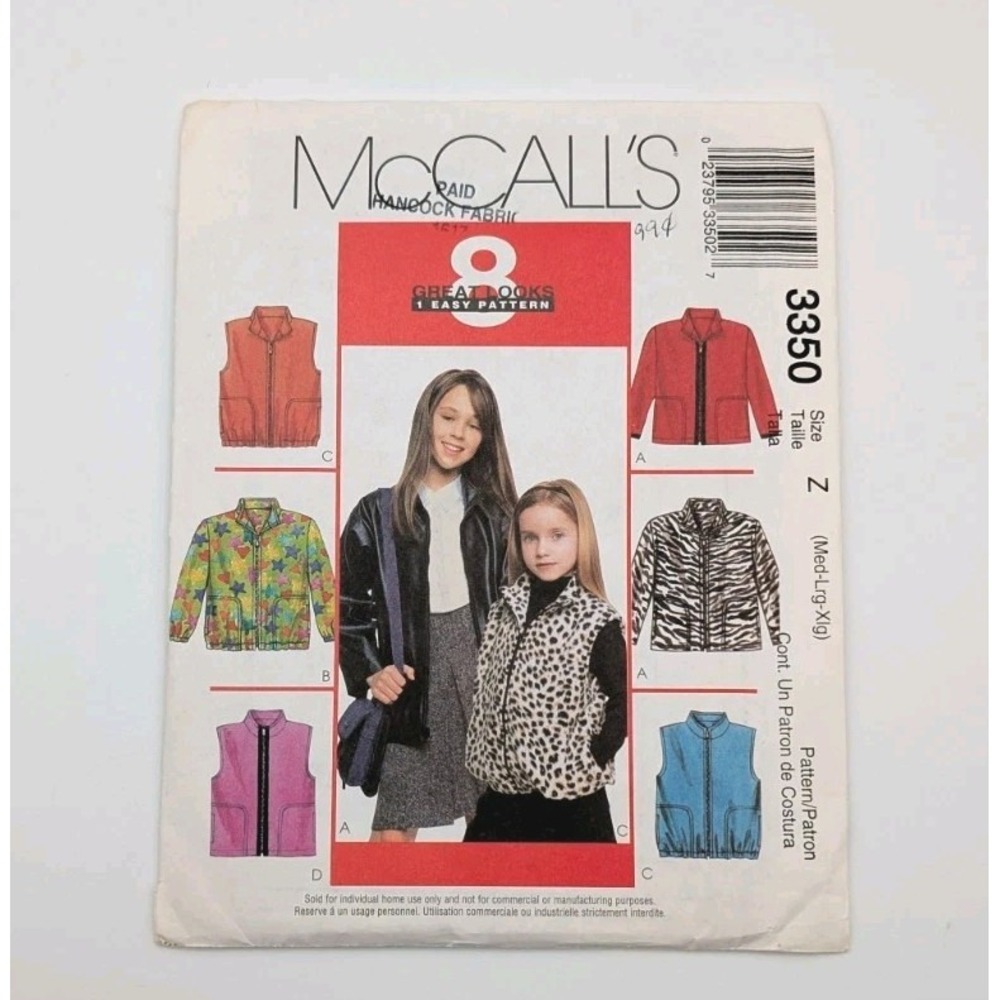 Vintage McCalls Girl's Jacket & Vest Sewing Pattern Medium Large XL 3350 Uncut